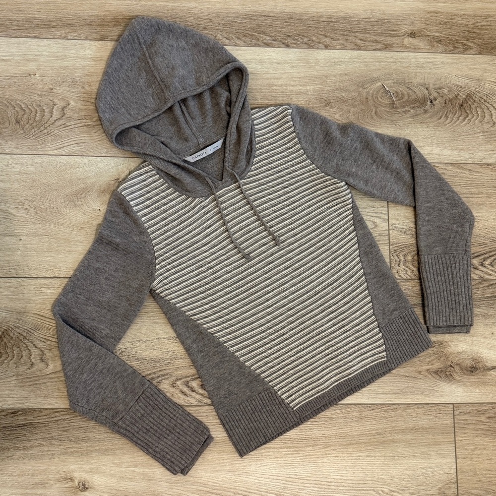 Athleta‎ Small Extra Fine Merino Wool Striped Hoodie Heathered Brown